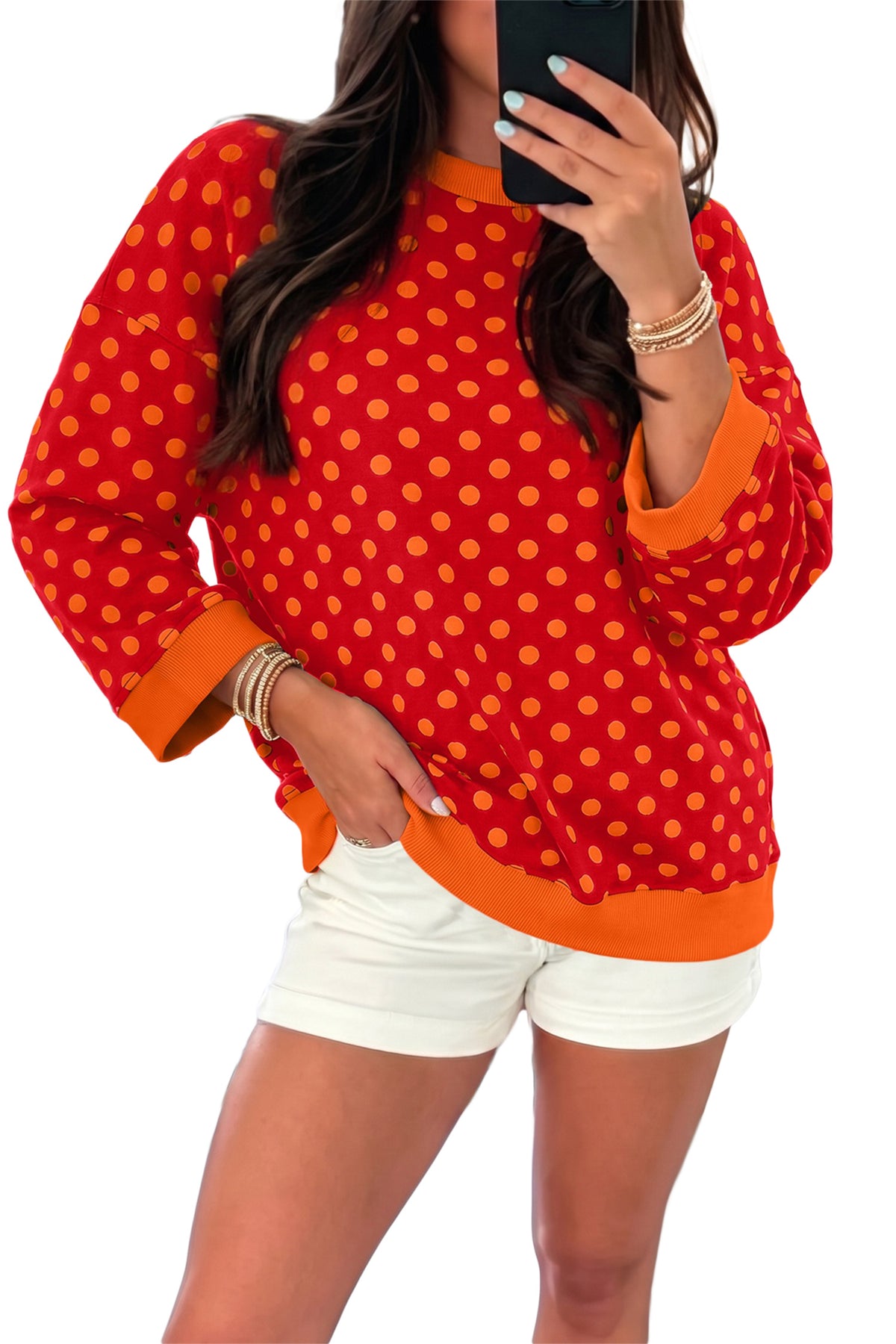 Red Polka Dot Print Contrast Trim Round Neck Bracelet Sleeve Top