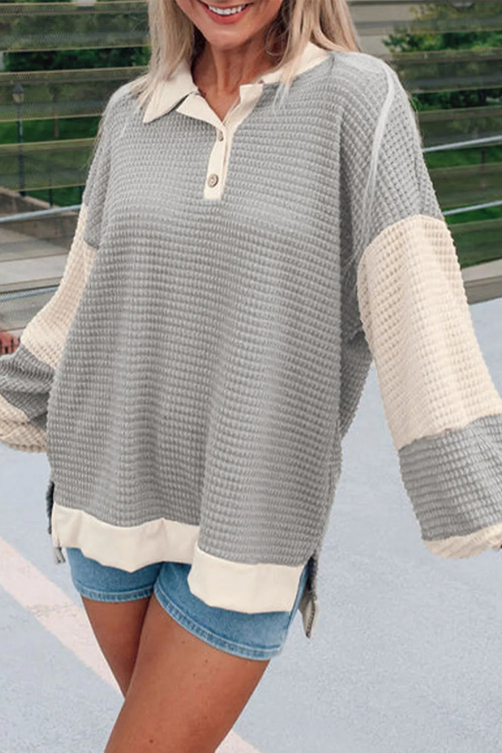 Khaki Textured Colorblock Collared Henley Top - Chic Meadow Boutique 