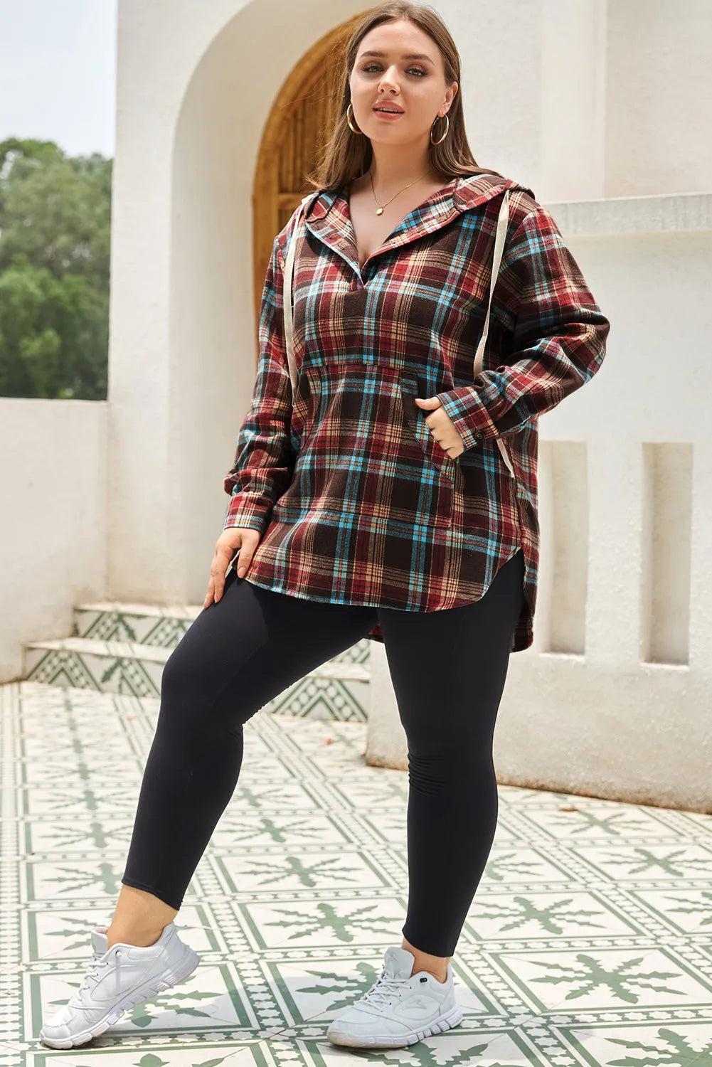 Fiery Red Plus Size Plaid Kangaroo Pocket Drawstring Hoodie - Chic Meadow Boutique 