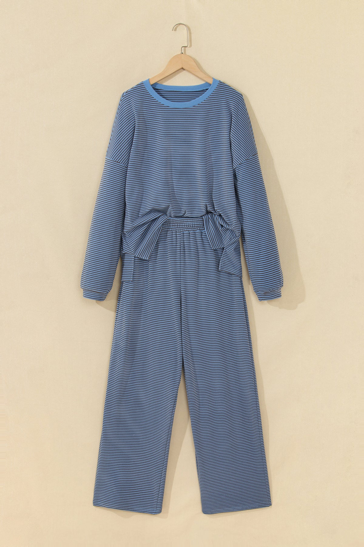 Blue Stripe Contrast Trim Round Neck Oversize Long Sleeve Top 2pcs Pant Set