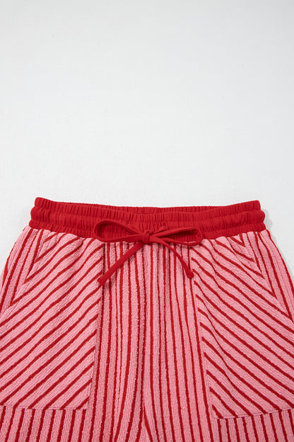Rose Stripe Crew Neck Tee Drawstring Waist Cropped Pants Set