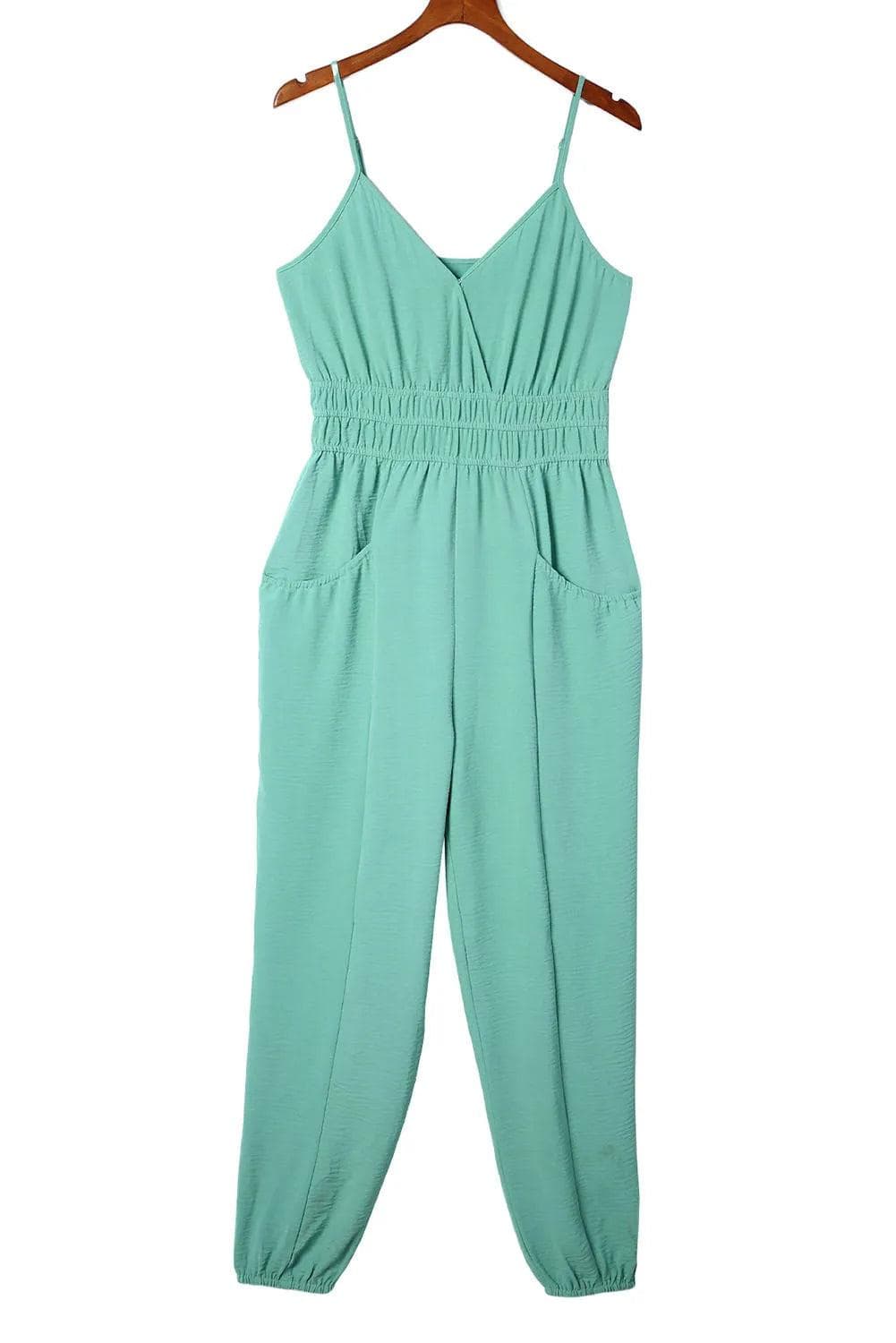 Bottoms/Jumpsuits & Rompers Green Shirred High Waist Sleeveless V Neck Jumpsuit