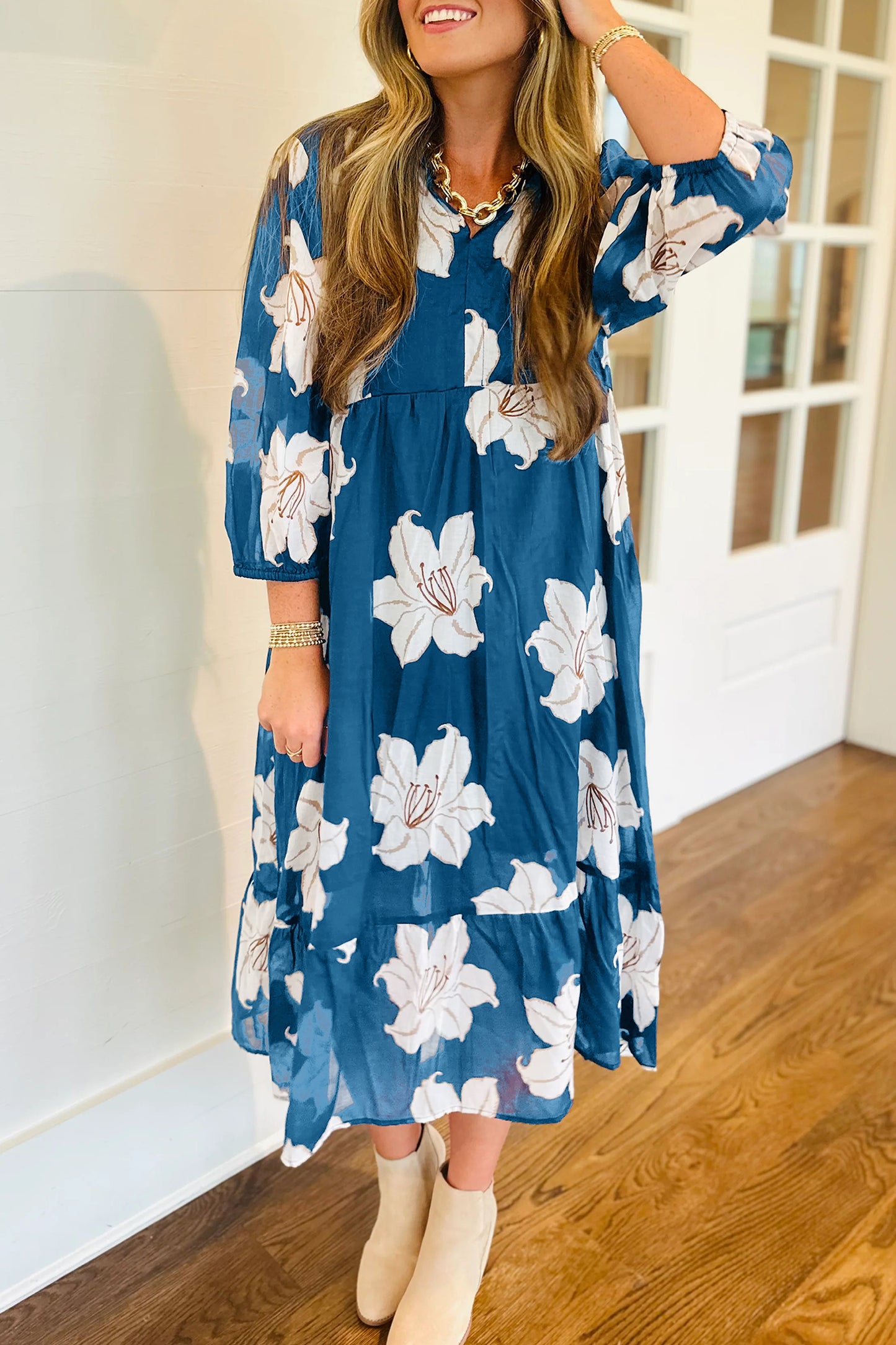 Blue Floral Print Shirt Collar V Neck 3/4 Sleeve Shift Midi Dress