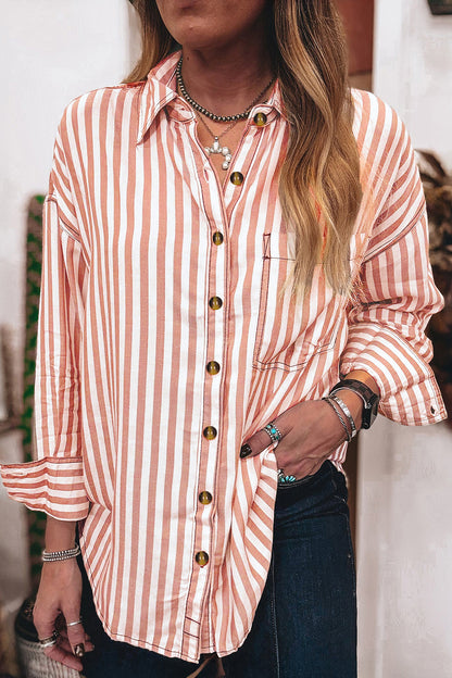 Brown Stripe Western Button Down Long Sleeve Casual Shirt