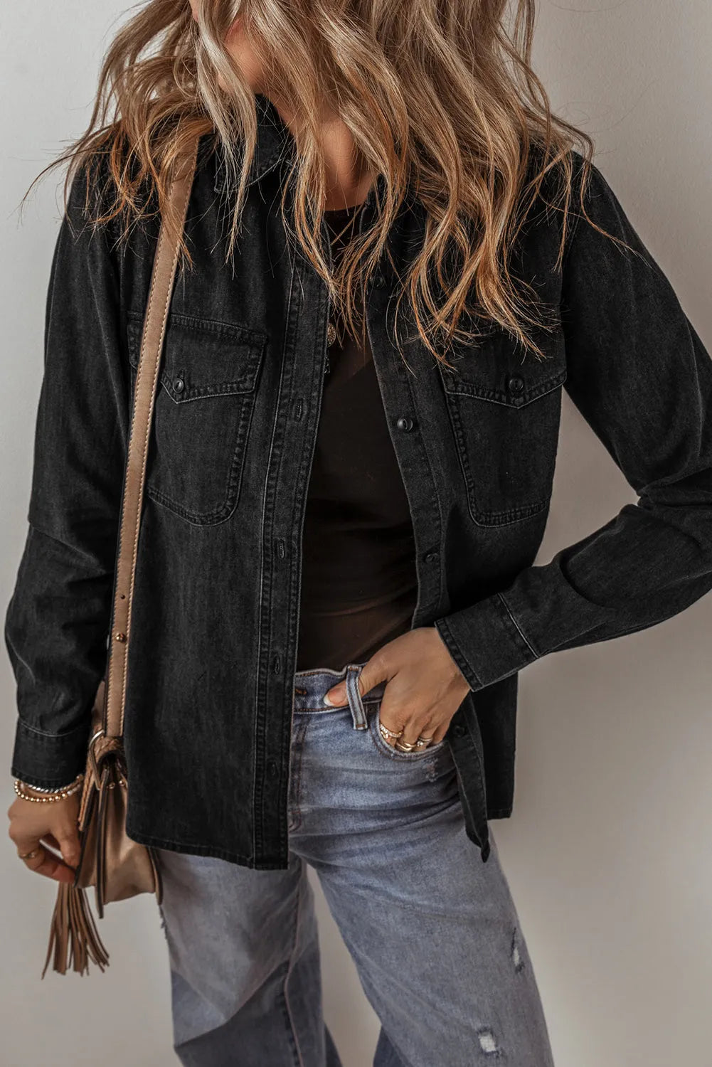 Black Flap Pocket Buttons Collared Jean Jacket - Chic Meadow Boutique 