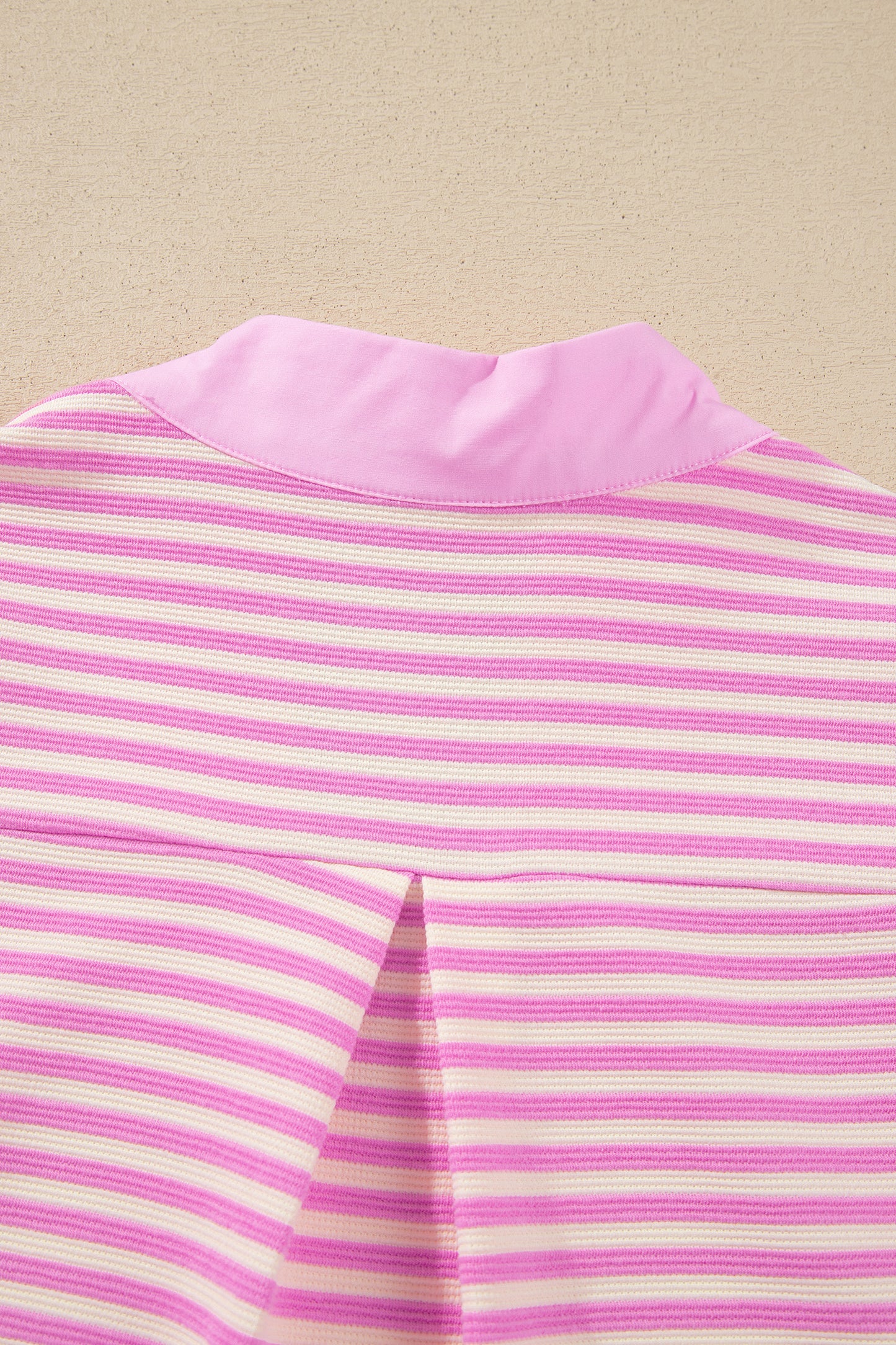 Pink Stripe Color Block Detail Split Neck Short Sleeve Blouse