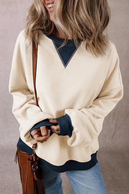 White Color Block Patch Drop Shoulder Oversized Sweatshirt - Chic Meadow Boutique 