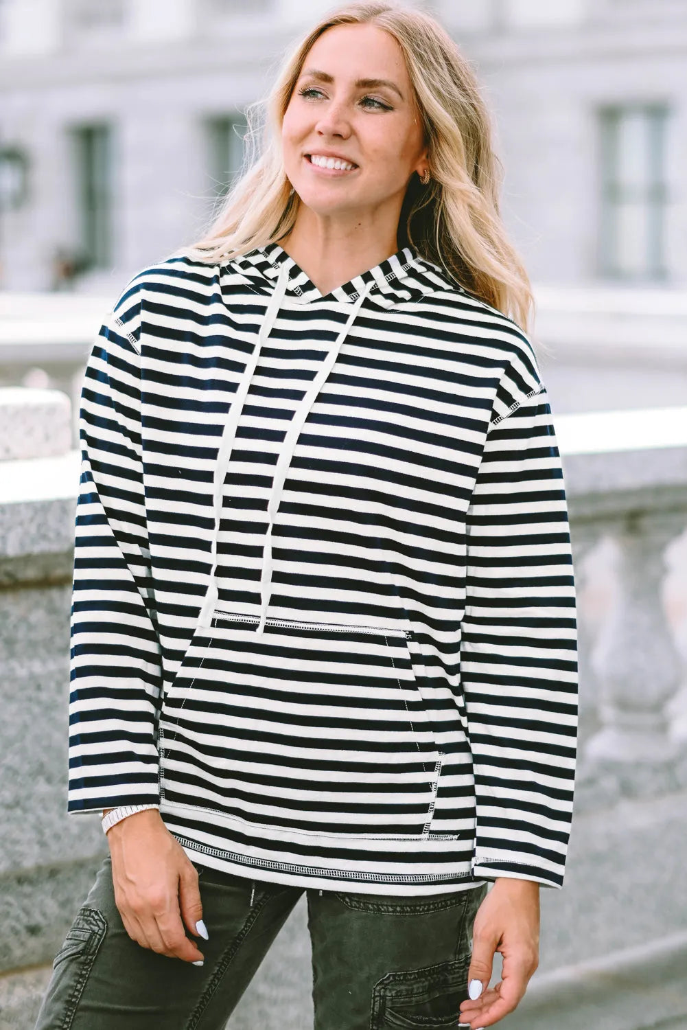 Stripe Kangaroo Pocket Drawstring Hoodie - Chic Meadow Boutique 