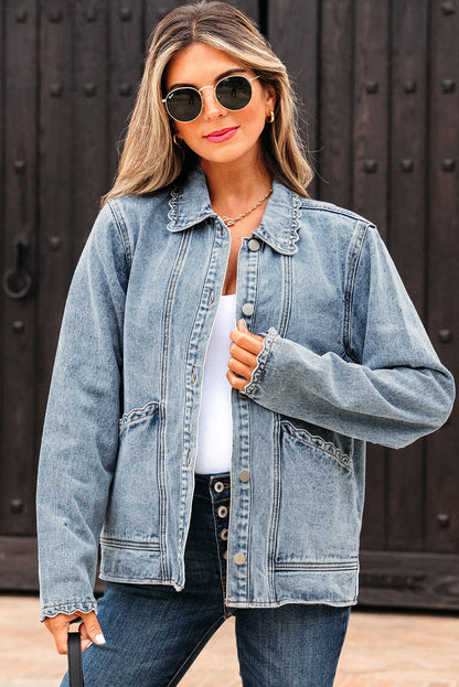 Myosotis Scallop Trim Collar Patched Pocket Button Up Denim Jacket