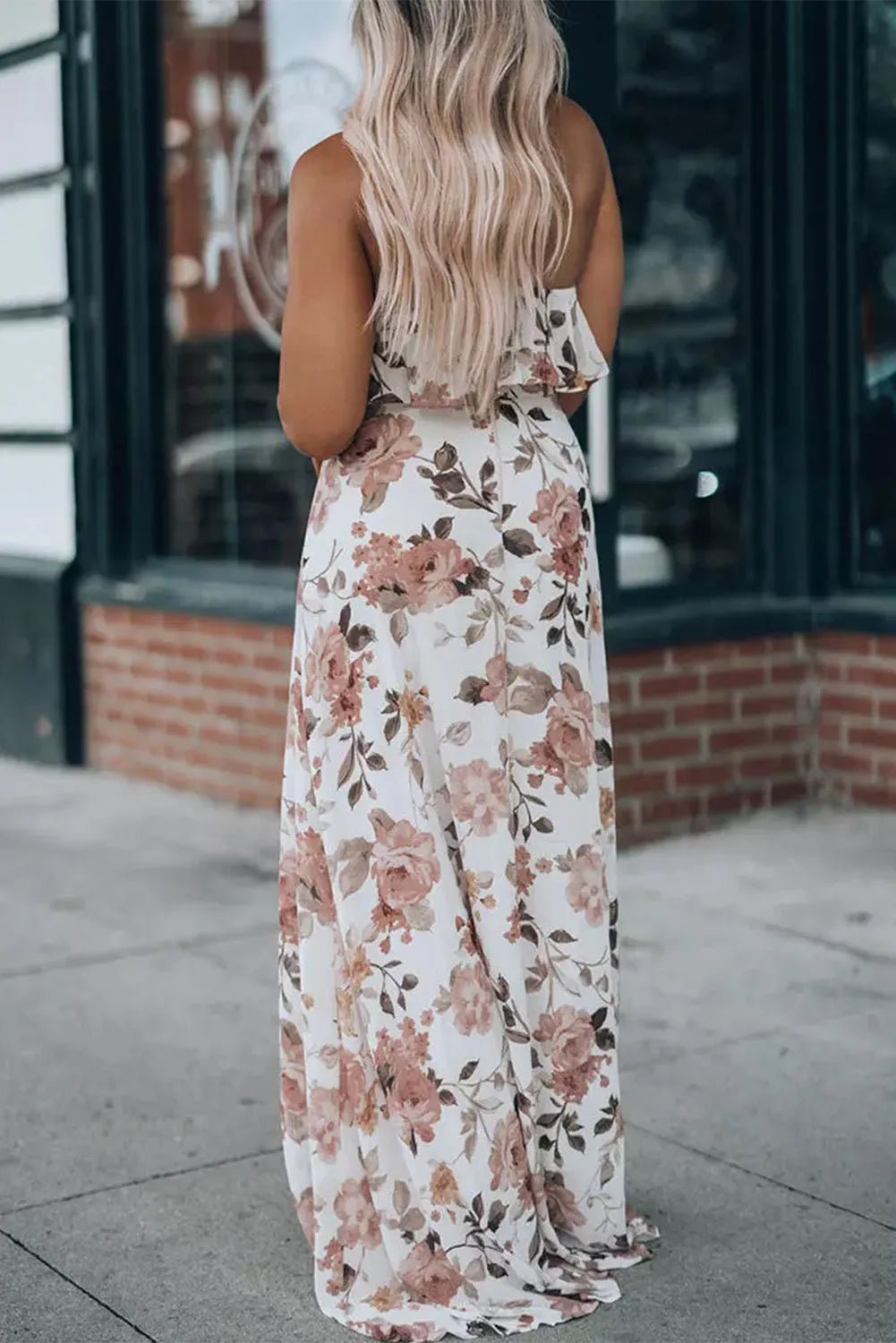 White Floral Slit Ruffled Halterneck Maxi Dress - Chic Meadow Boutique 