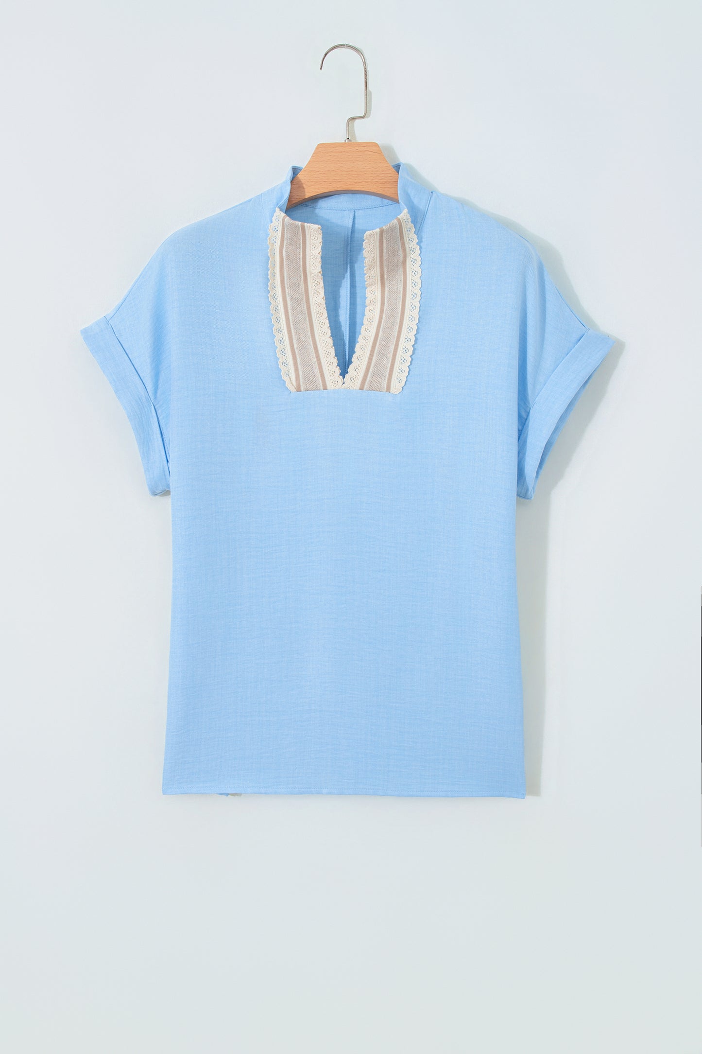 Beau Blue Crochet Lace Accent Pullover Rolled Short Sleeve Blouse