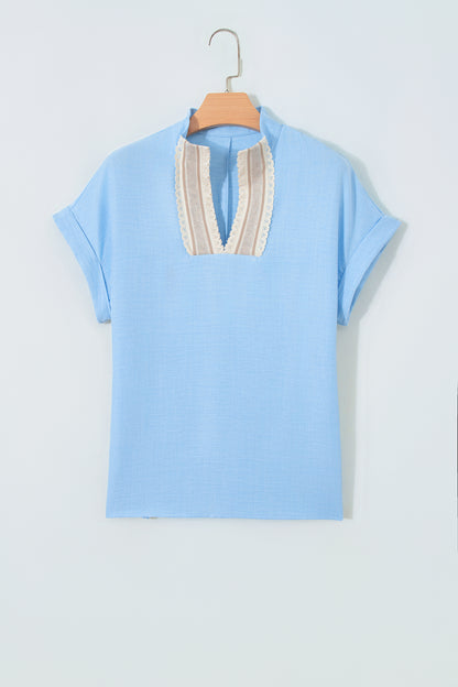Beau Blue Crochet Lace Accent Pullover Rolled Short Sleeve Blouse