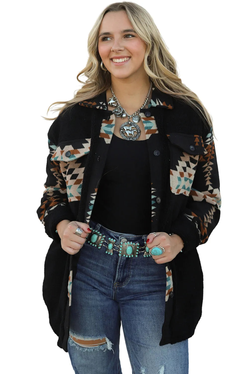 Black Western Aztec Print Accent Fleece Shacket - Chic Meadow Boutique 