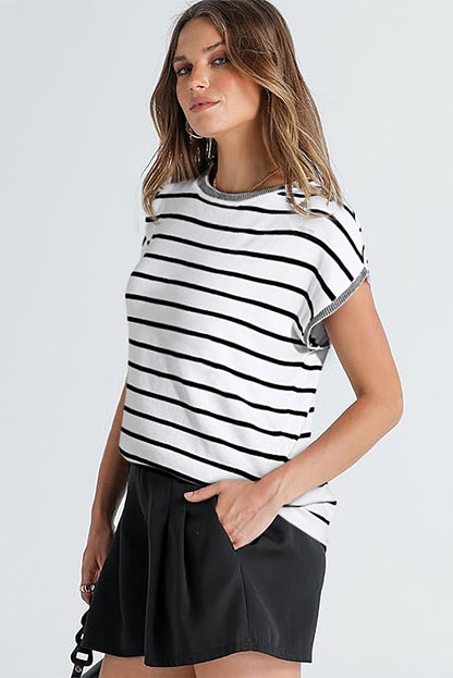 White Stripe Knitted Bat Sleeve T Shirt