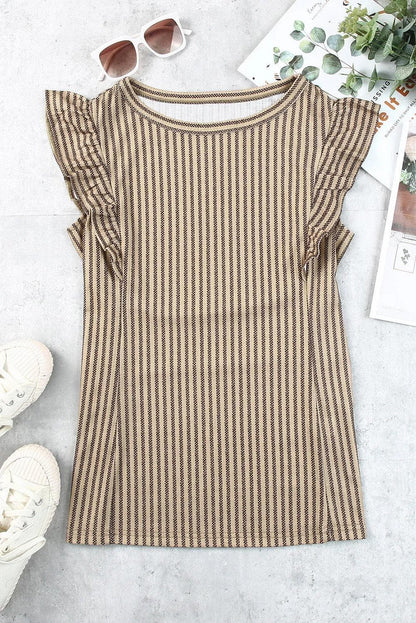 Tops/Tank Tops Khaki Striped Crew Neck Ruffled Tank Top