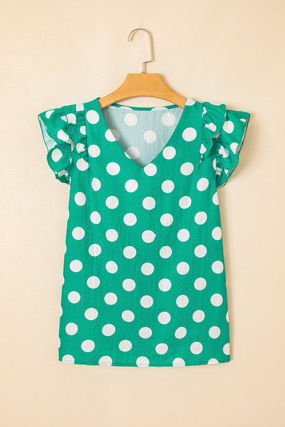 Green Polka Dot Print Ruffled Sleeve V Neck Blouse