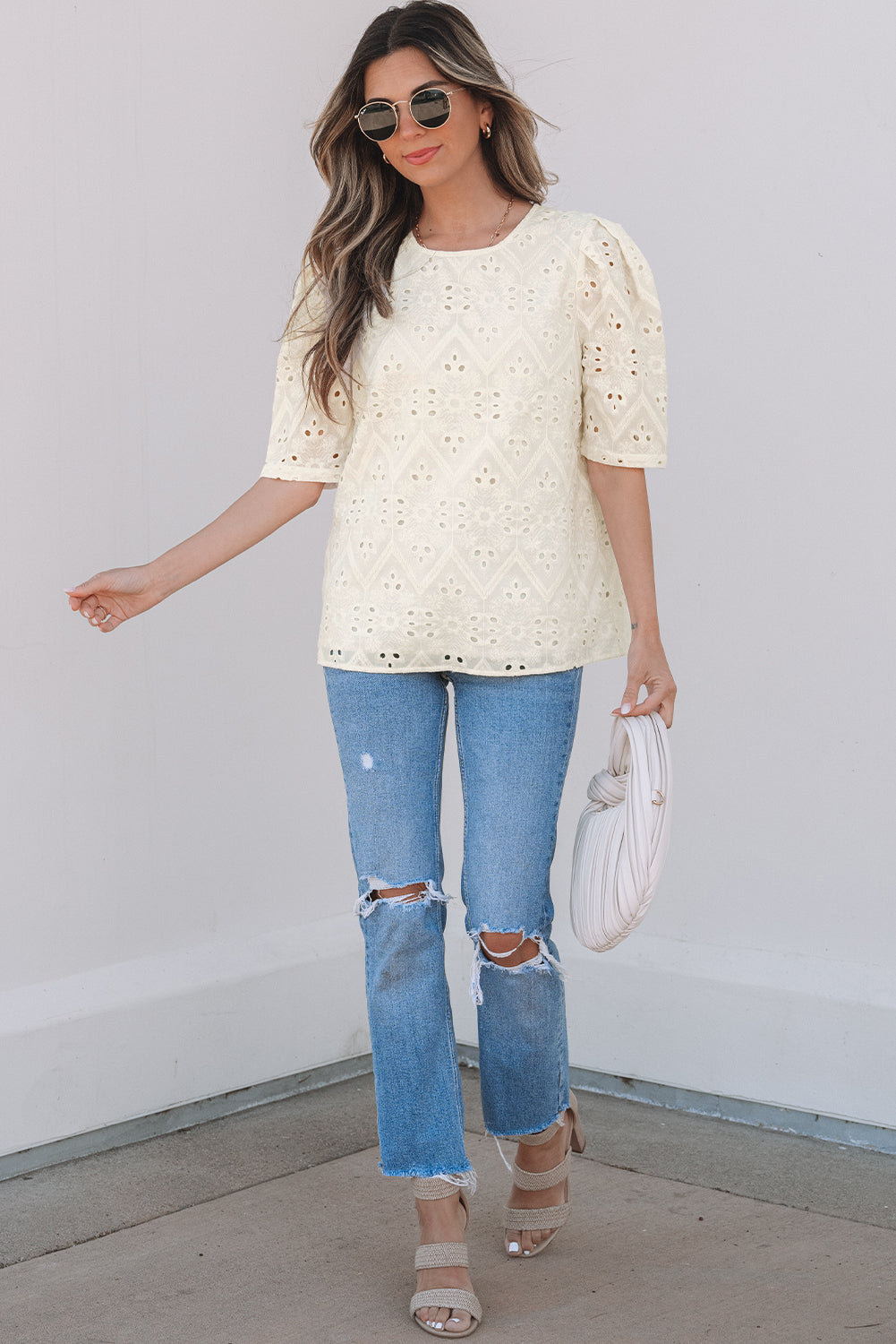 Beige Eyelet Embroidered Half Sleeve Casual Blouse