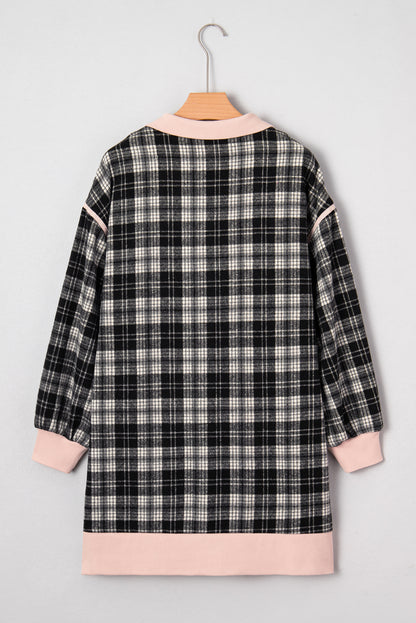 Black Plaid Polo Collar Zip up Contrast Trim Shift Long Sleeve Mini Dress