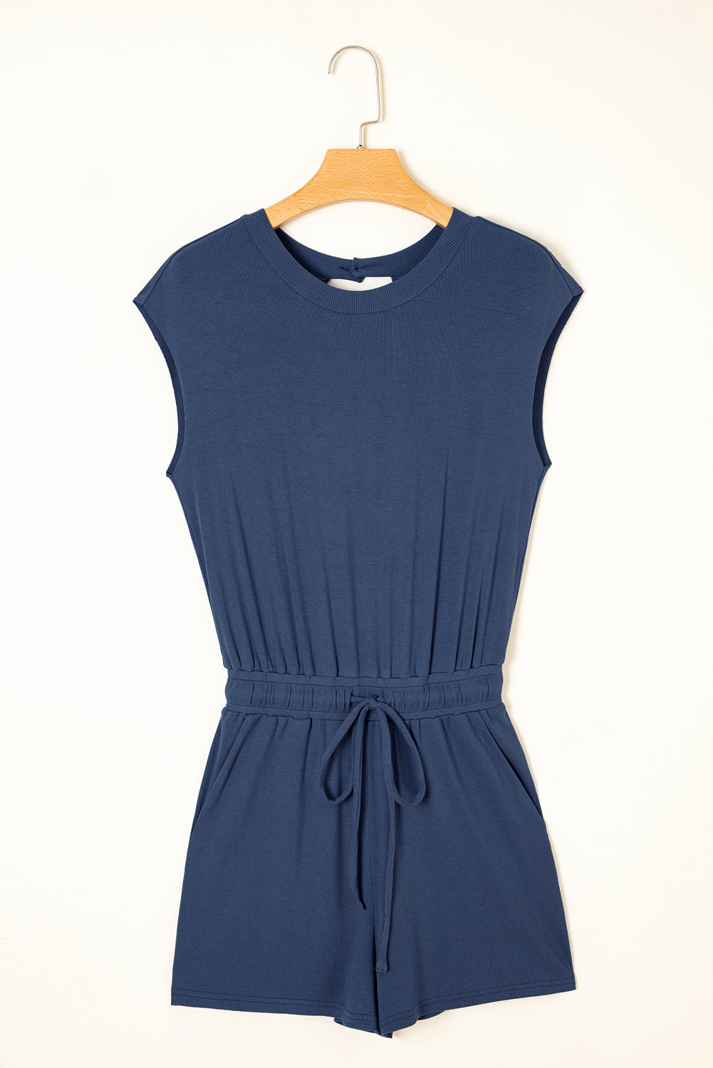 Ashleigh Blue Knit Open Back Cap Sleeve Drawstring Romper