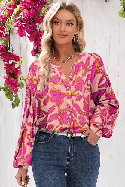 Pink Floral Print Batwing Sleeve Buttoned Loose Fit Shirt