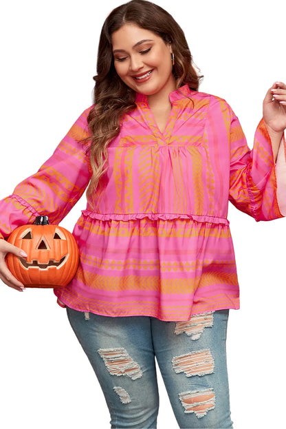 Vitality Orange Plus Size Geometric Embroidered Bell Sleeve Babydoll Blouse - Chic Meadow Boutique 