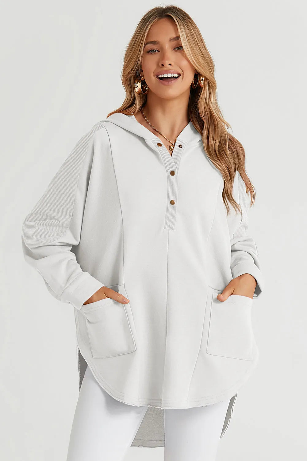 White Patchwork Side Pockets Oversized Henley Hoodie - Chic Meadow Boutique 