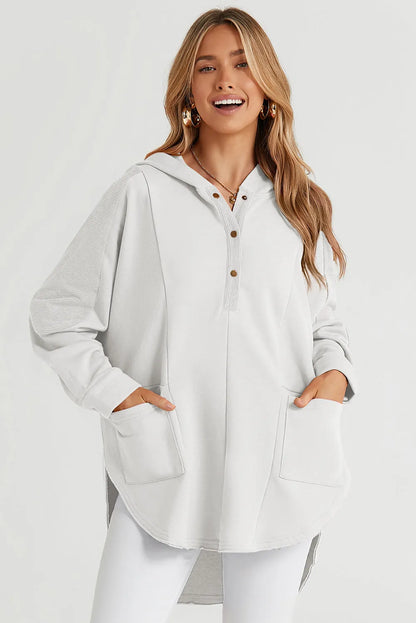 White Patchwork Side Pockets Oversized Henley Hoodie - Chic Meadow Boutique 