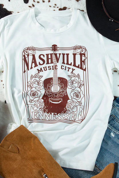 White NASHVILLE MUSIC CITY Graphic Crew Neck Tee - Chic Meadow Boutique 