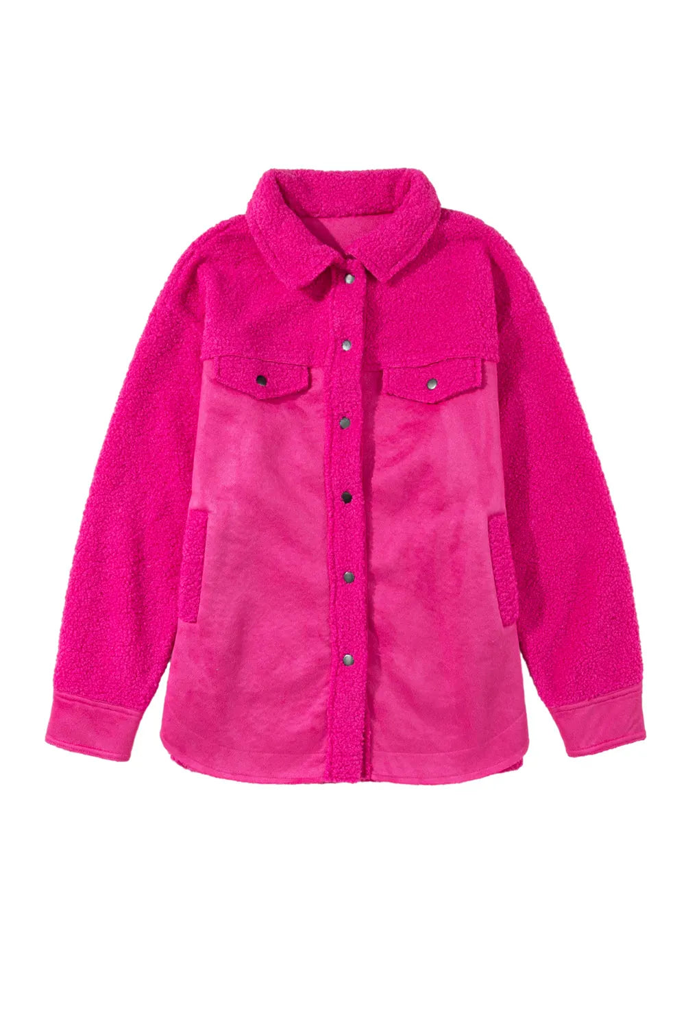 Bright Pink Faux Suede Sherpa Patchwork Button-up Shacket - Chic Meadow Boutique 