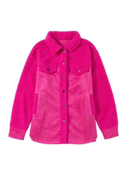 Bright Pink Faux Suede Sherpa Patchwork Button-up Shacket - Chic Meadow Boutique 