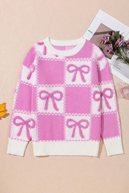 Sweaters & Cardigans/Sweaters Pink Bow Knot Two Tone Checkered Crew Neck Sweater