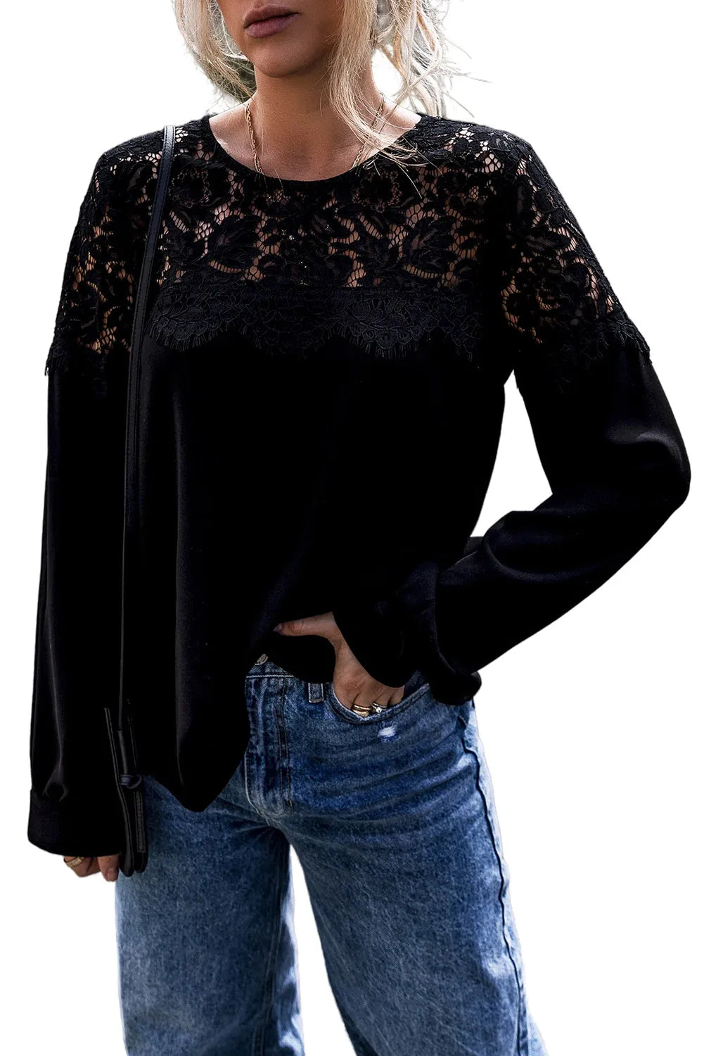 Black Lace Crochet Patchwork O Neck Long Sleeve Top - Chic Meadow Boutique 