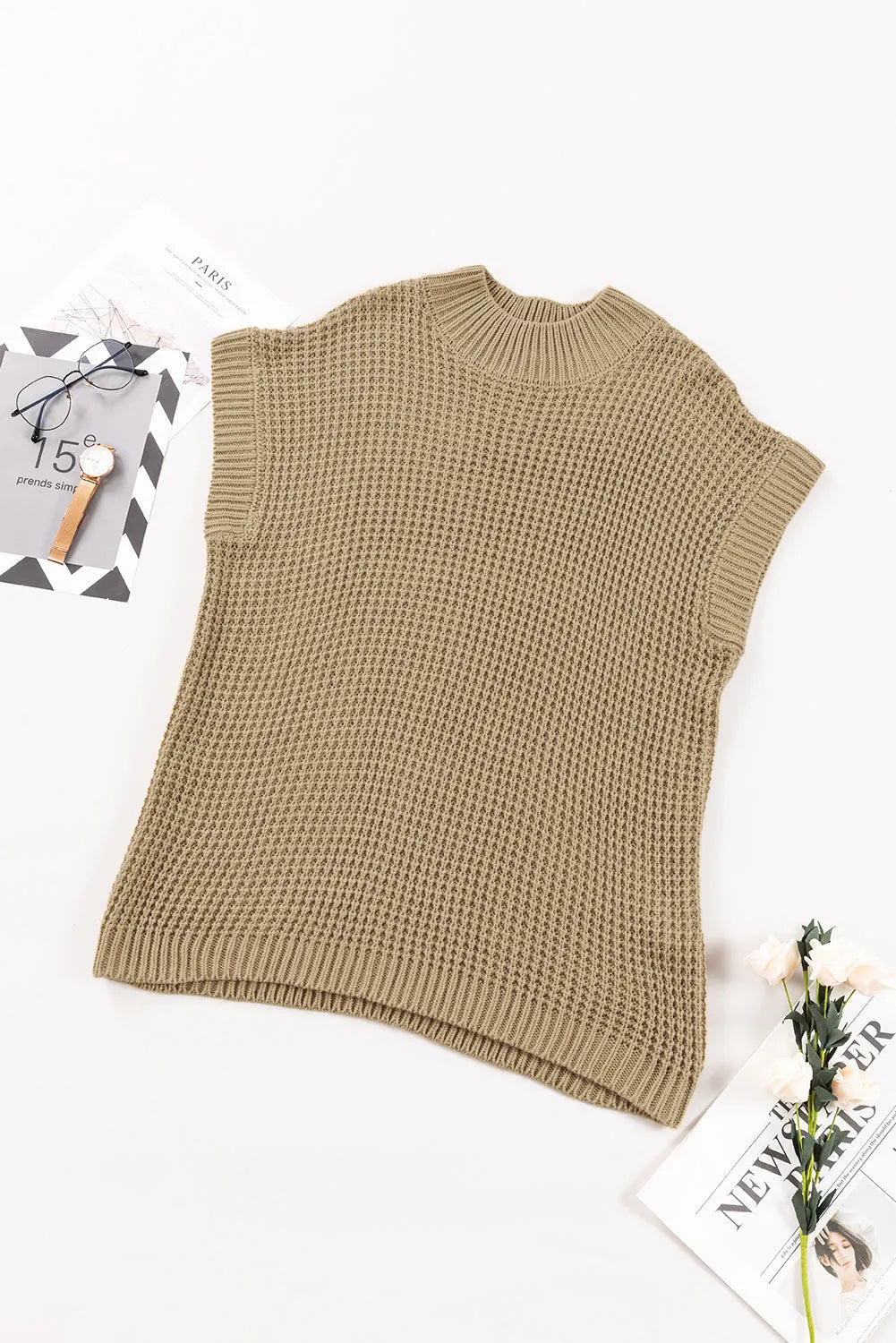 Tops/Sweaters & Cardigans Light French Beige High Neck Short Batwing Sleeve Textured Knit Sweater