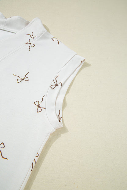 Beige Bow Print Half Zip Tank and Shorts 2pcs Set