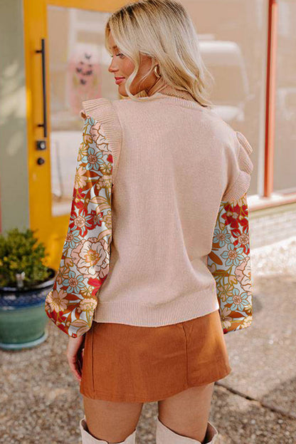 Parchment Cable Knit Ruffle Detail Contrast Floral Sleeve Patchwork Sweater