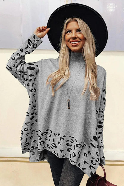 Sweaters & Cardigans/Sweaters Gray Leopard High Neck Side Slit Oversized Sweater