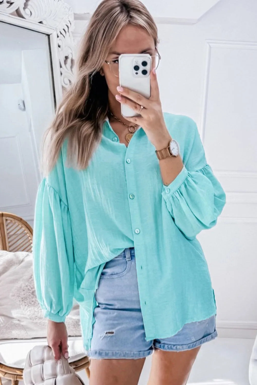 Iceland Blue Solid Puff Sleeve Loose Fit Buttoned Shirt - Chic Meadow Boutique 