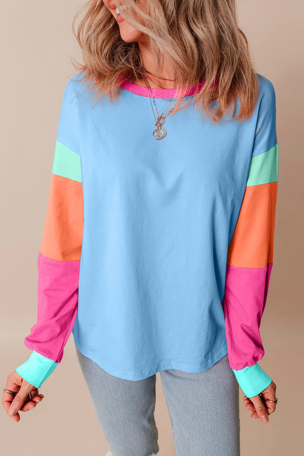 Dark Blue Colorblock Patchwork Long Sleeve Loose Top - Chic Meadow Boutique 