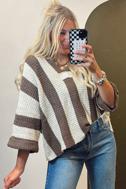Brown Stripe Colorblock V Neck Bracelet Sleeve Sweater