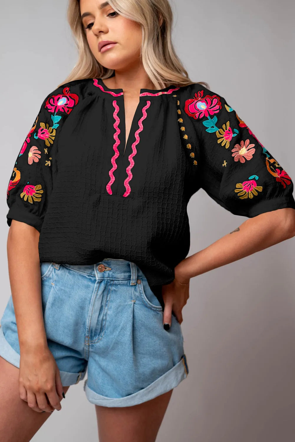 Black Floral Embroidered Ricrac Puff Sleeve Textured Blouse - Chic Meadow Boutique 