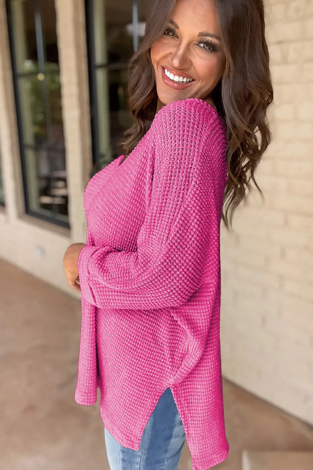 Rose Red Waffle Knit Side Slits Loose Fit V Neck Top - Chic Meadow Boutique 