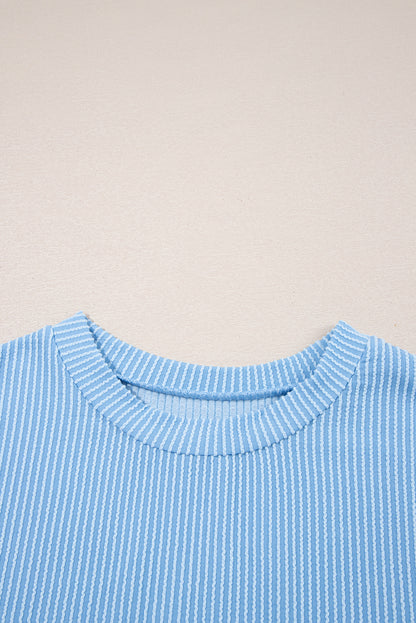 Dark Blue Corded Knit Color Block Pocketed Crew Neck T Shirt
