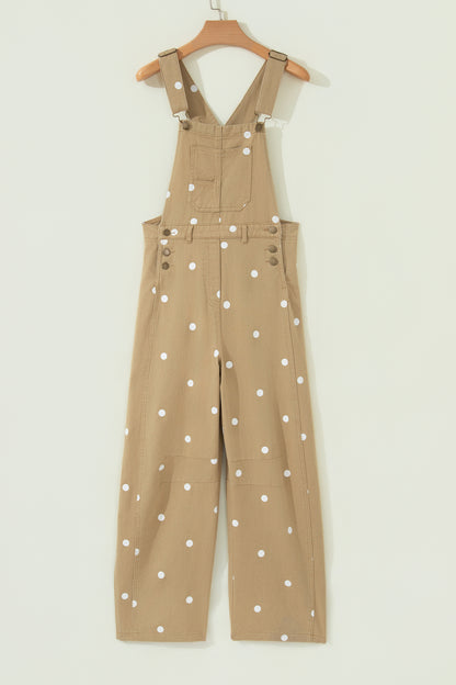 Light French Beige Polka Dot Print Bib Pocket Denim Barrel Overalls Jumpsuit