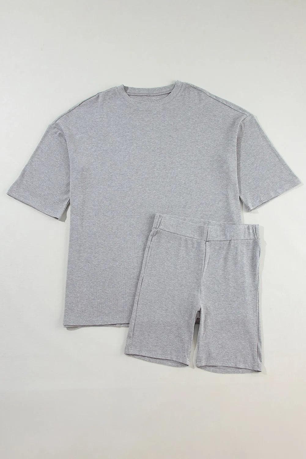 Two Piece Sets/Short Sets Light Grey / S / 93%Viscose+7%Elastane Light Grey Solid Color Loose Tunic Top and Slim Shorts Set