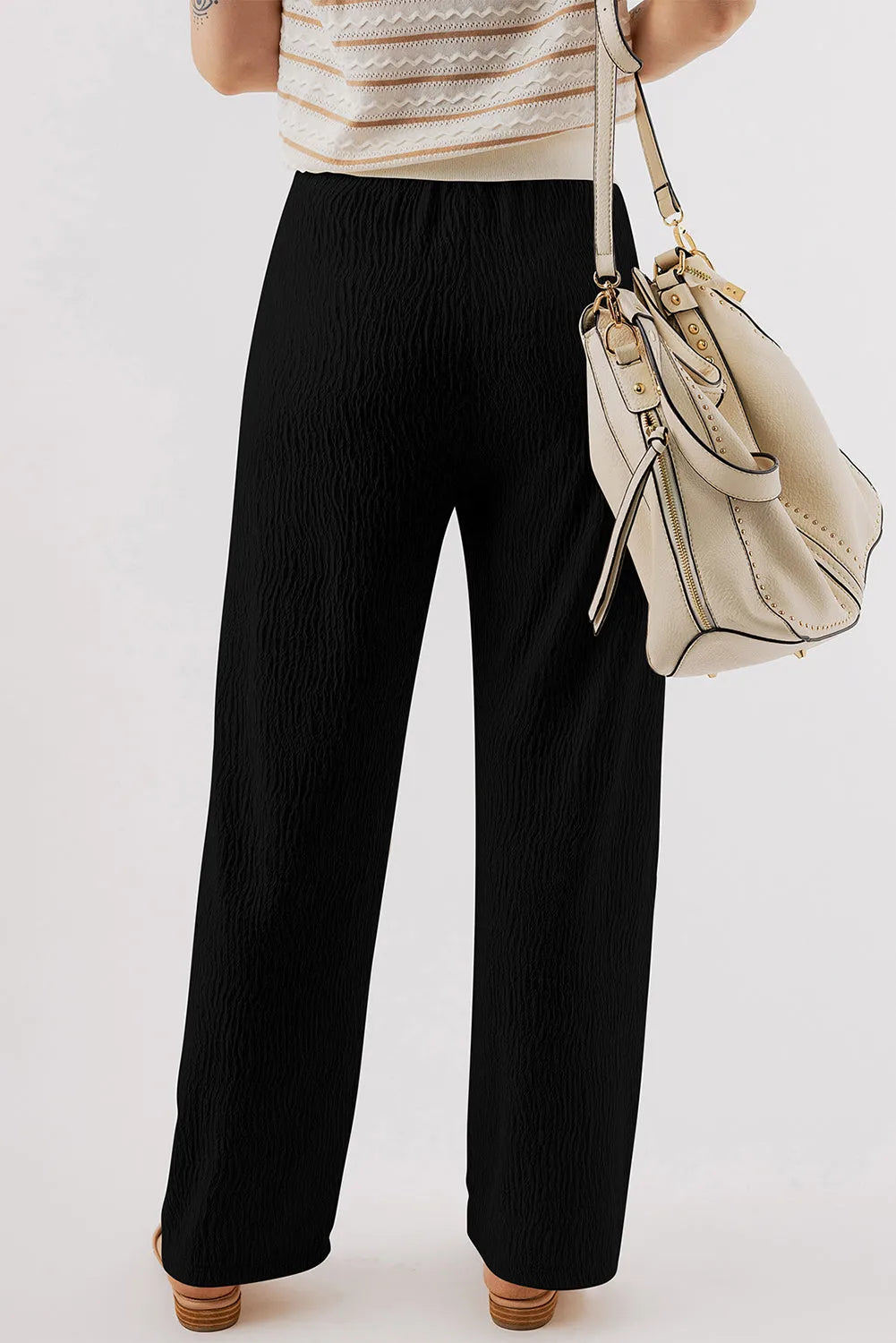 Black Textured Loose Drawstring Pants - Chic Meadow Boutique 