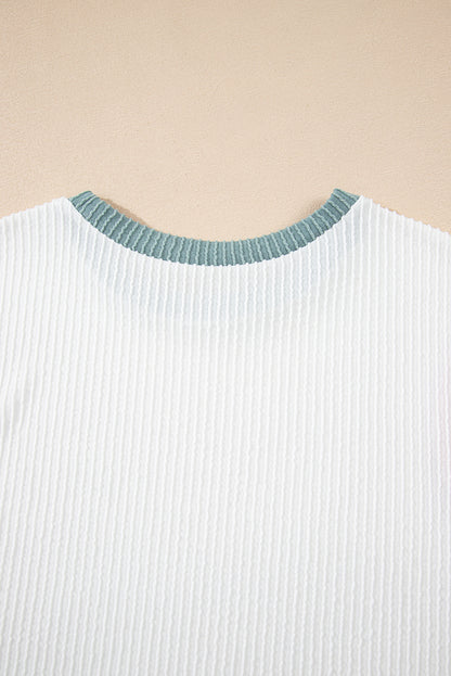White Color Block Corded Knit Crew Neck Tee