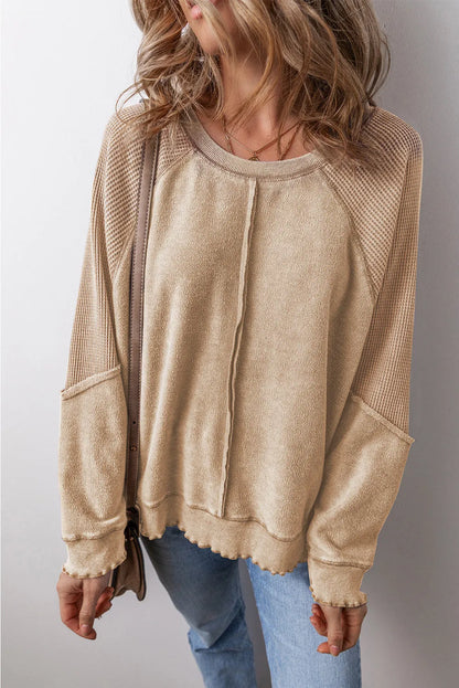 Light French Beige Waffle Knit Patchwork Exposed Seam Raglan Sweatshirt - Chic Meadow Boutique 