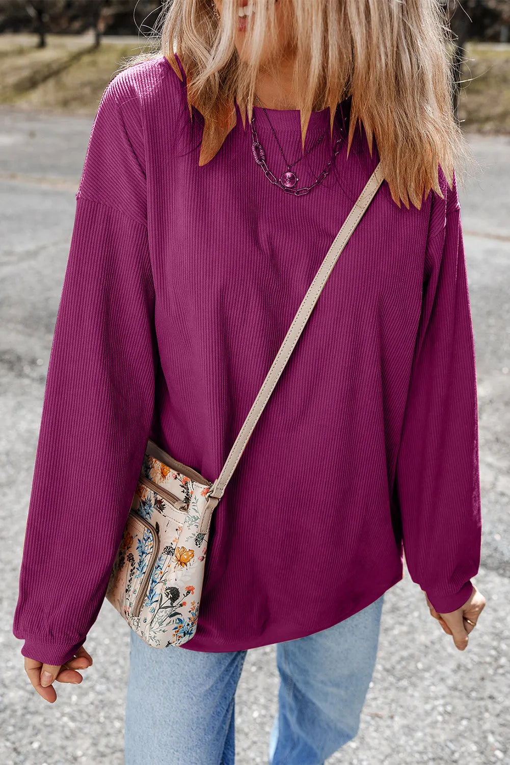 Festival Fuchsia Ribbed Corduroy Oversized Sweatshirt - Chic Meadow Boutique 