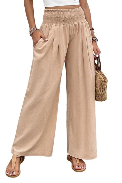 Bottoms/Pants & Culotte Khaki Smocked Wide Waistband High Waist Wide Leg Pants