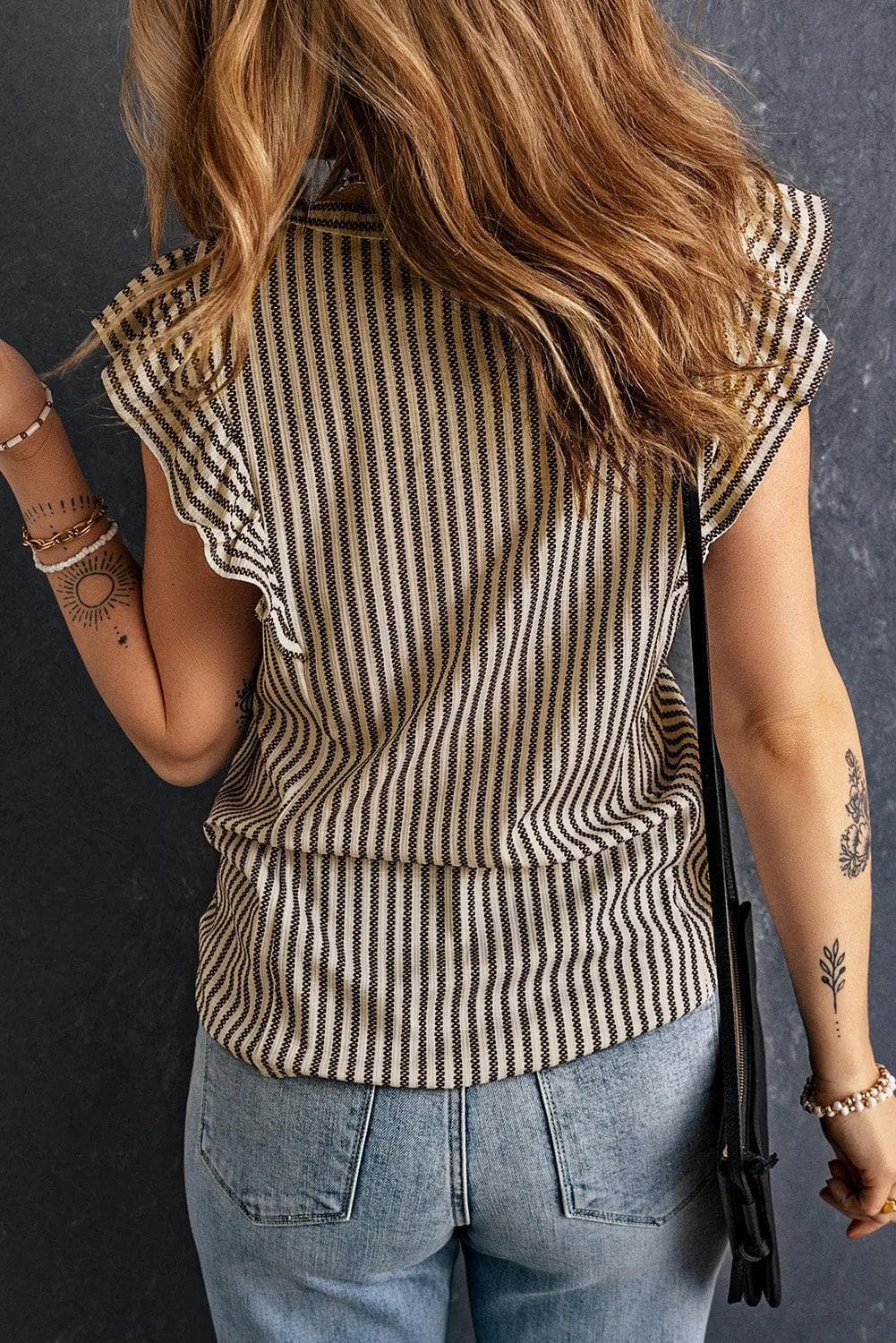 Tops/Tank Tops Khaki Striped Crew Neck Ruffled Tank Top